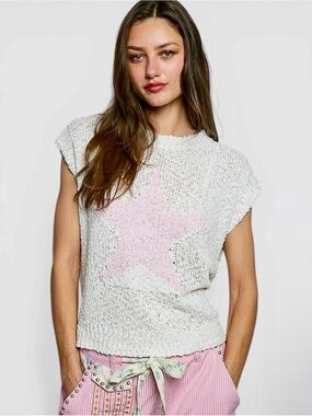 NWOT. POL Cream Knit Sleeveless Sweater with Pink Star